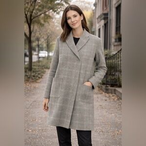 Eileen Fisher Wool Blend Knit Plaid Jacket Light Gray White Windowpane Button S